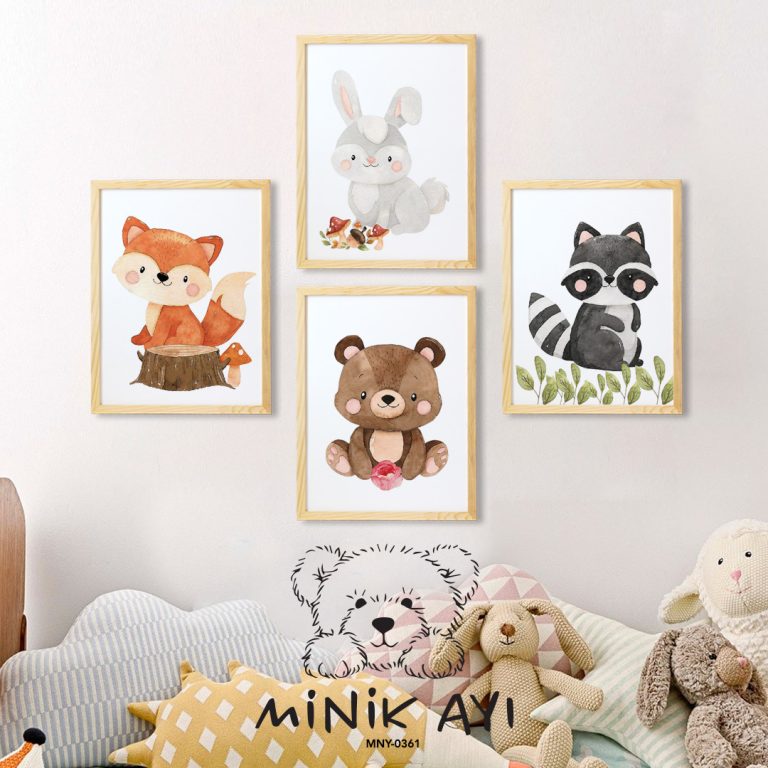 Bebek Odası İçin 4’lü Minik Hayvanlar Çerçeve / Tablo Seti
