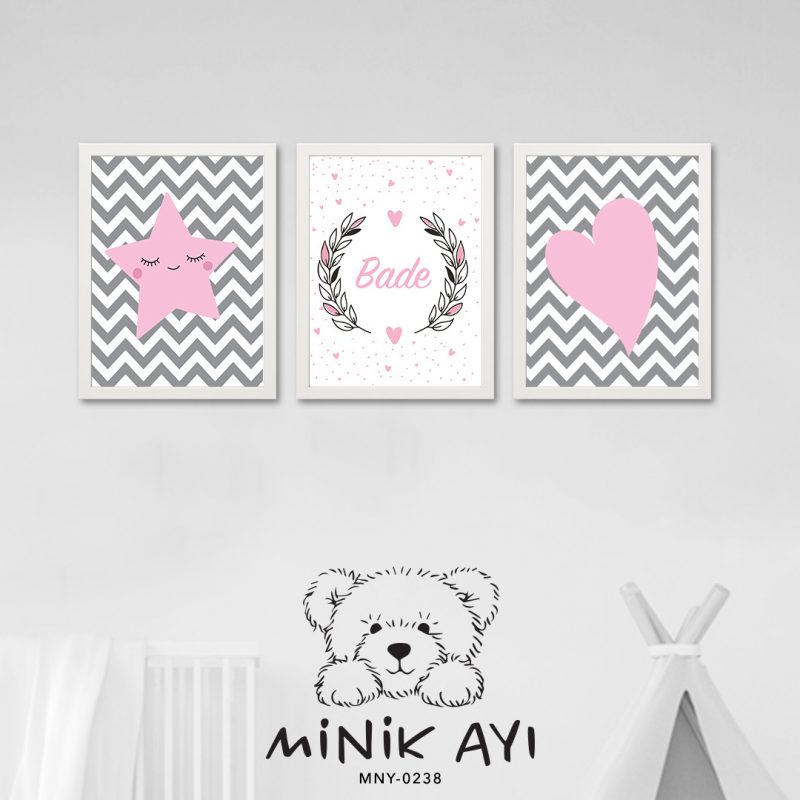 Minik Ayı Bebek Odası Duvar Dekorasyonu Yıldız, İsim, Kalp