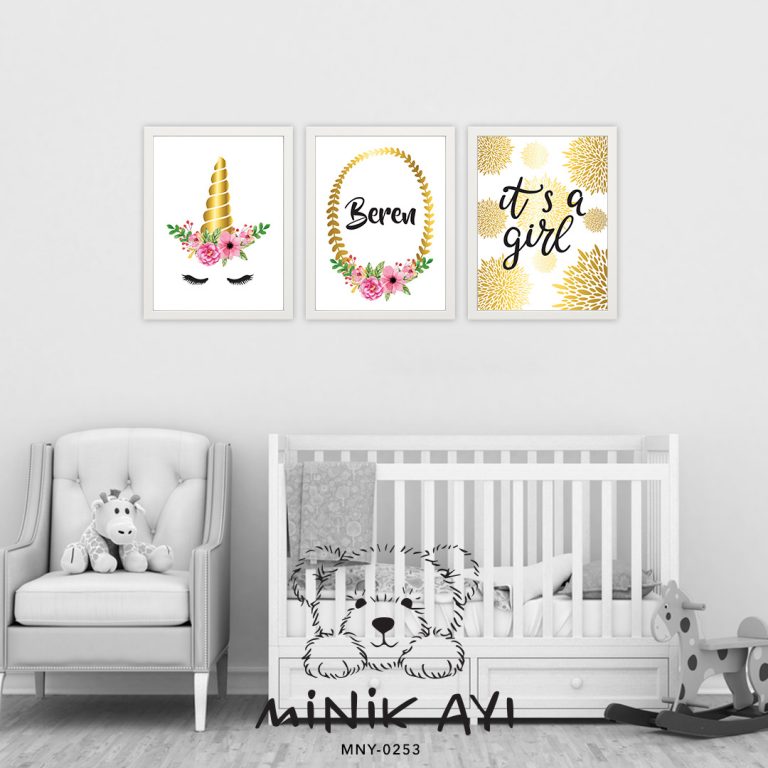 Minik Ayı Bebek Odası Dekorasyon Unicorn Gold 3’lü Çerçeve