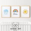 Minik Ayı  Bebek Odası Dekorasyonu Bulut, Gökkuşağı İsim ve Güneş 3'lü Tablo / Çerçeve Seti