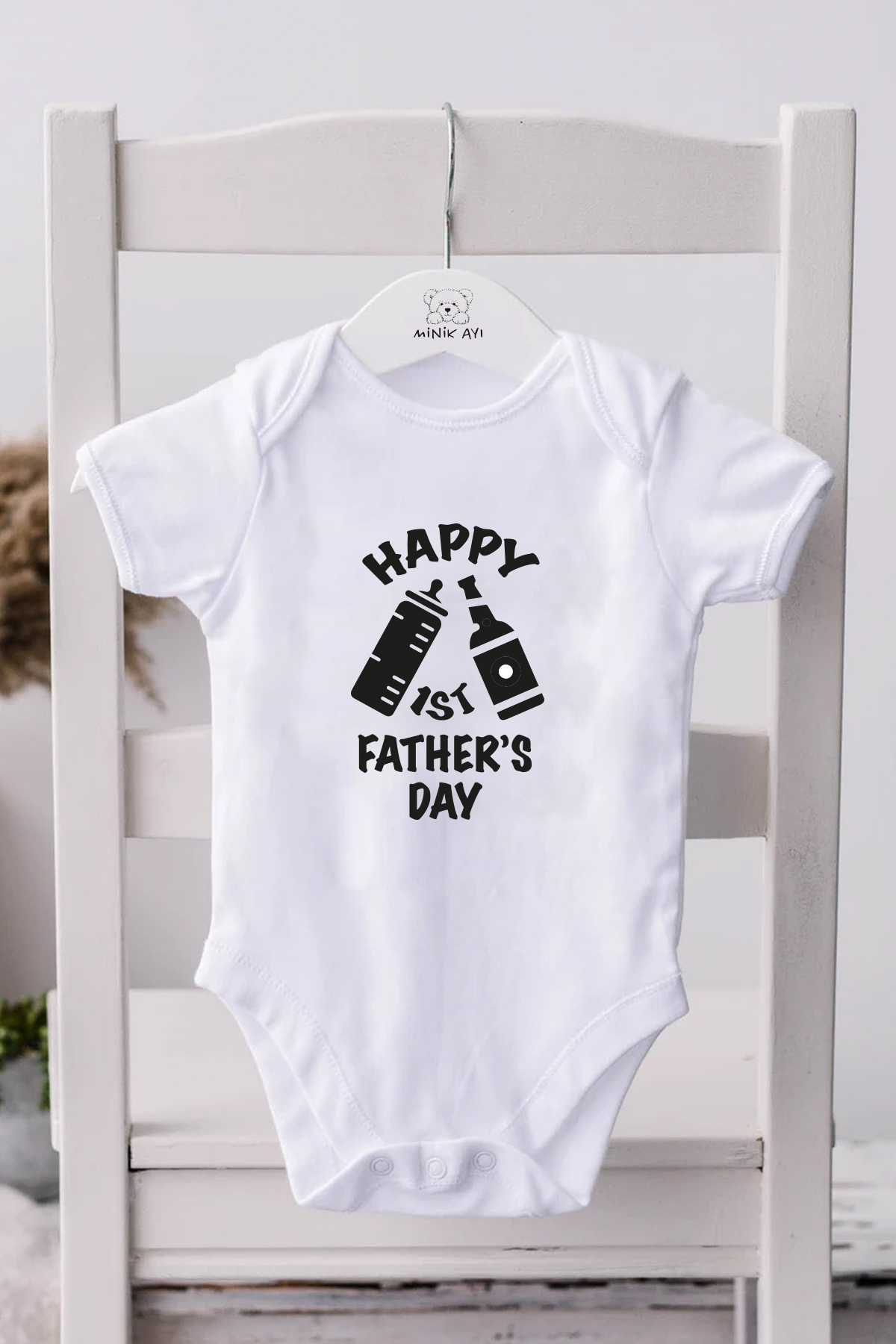 Happy 1ST Father's Day Baskılı Bebek Beyaz Body Zıbın - Görsel 6