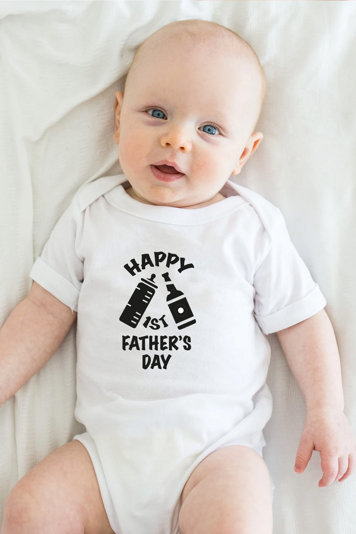 Happy 1ST Father's Day Baskılı Bebek Beyaz Body Zıbın - Görsel 5