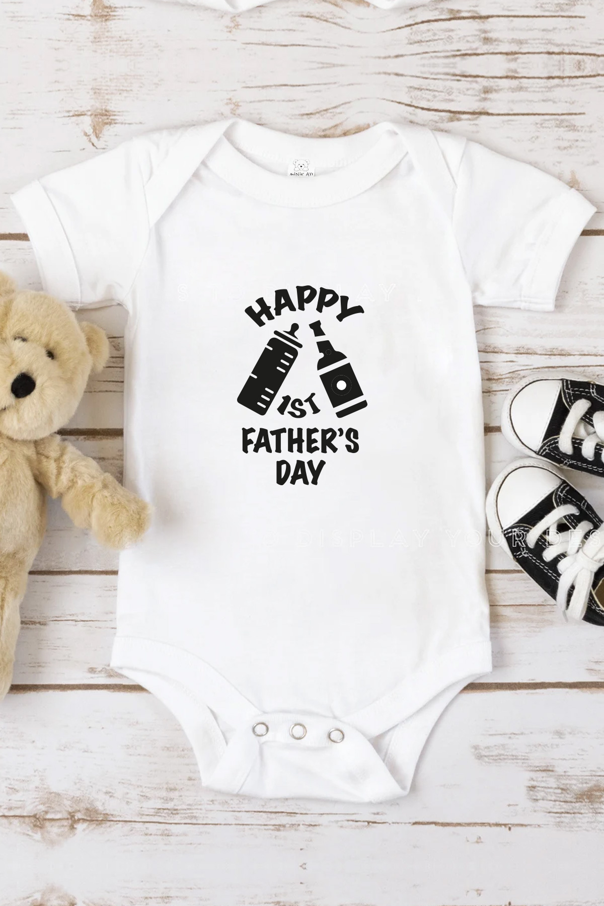 Happy 1ST Father's Day Baskılı Bebek Beyaz Body Zıbın - Görsel 4