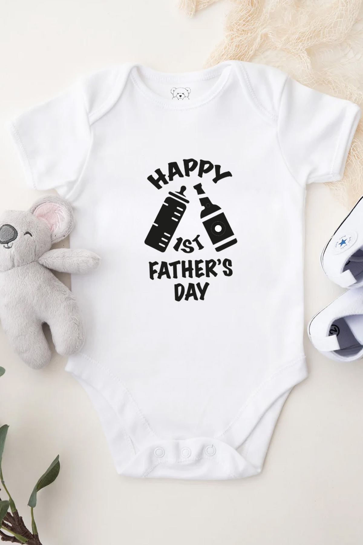 Happy 1ST Father's Day Baskılı Bebek Beyaz Body Zıbın - Görsel 2