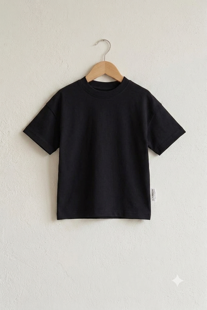 Oversize %100 Pamuklu Unisex Bisiklet Yaka Düz Siyah Basic Çocuk Tshirt